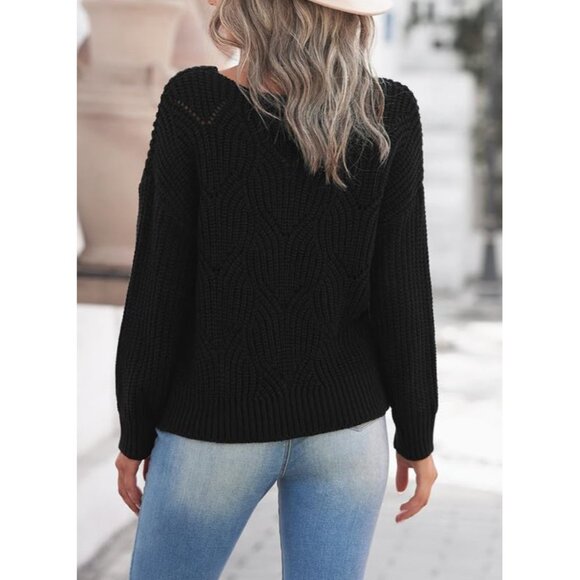 Women's Black Cute Elegant Soft Crew Neck Long Sleeve Knit Pullover Sweaters - Picture 2 of 6